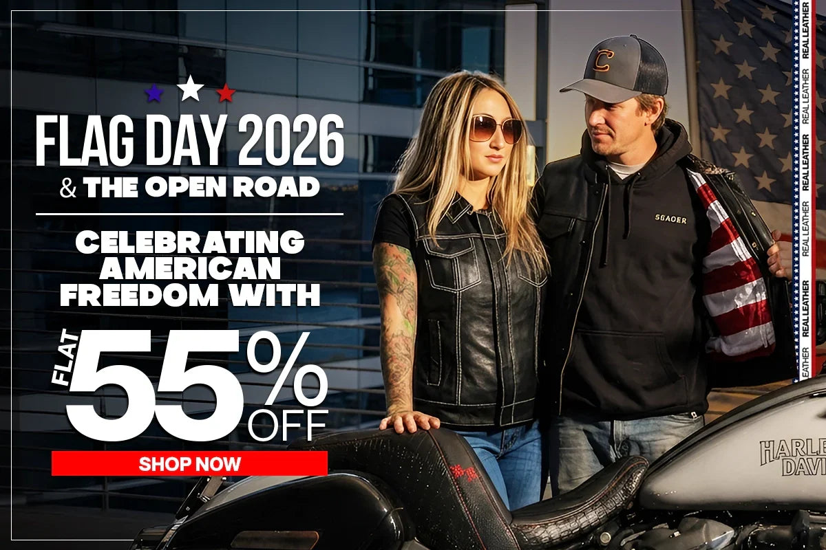 Flag Day 2026 & The Open Road — Couple in real leather biker jackets beside a Harley-Davidson motorcycle celebrating American freedom with flat 55% off.