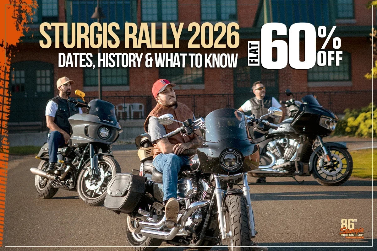 Sturgis Rally 2026 guide featuring bikers on motorcycles with dates, history, event info, and 60% off First MFG motorcycle gear.