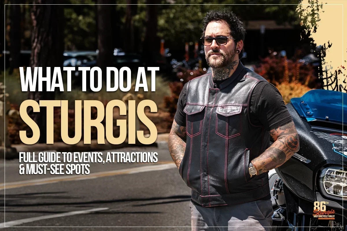Man in black leather motorcycle vest standing next to a motorcycle in the Black Hills, Sturgis Motorcycle Rally guide