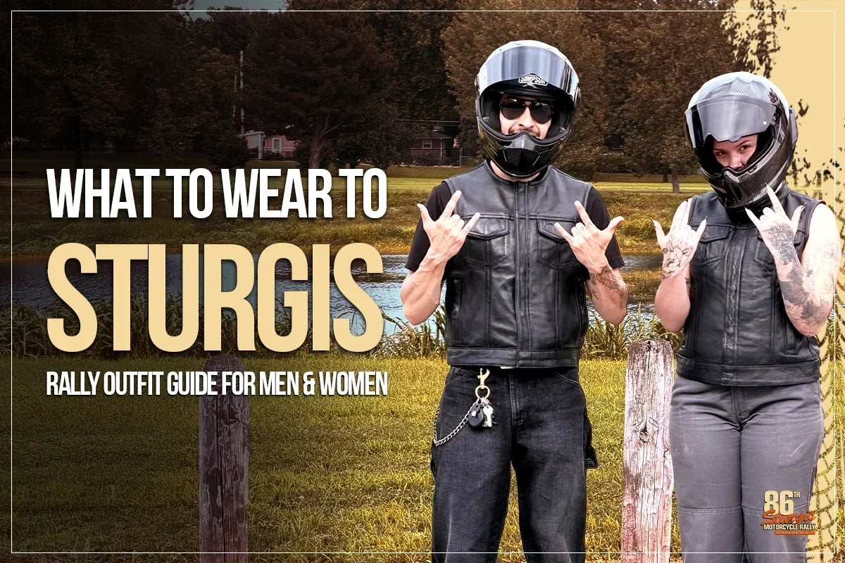 Man and woman in leather vests and helmets posing at Sturgis Motorcycle Rally outfit guide