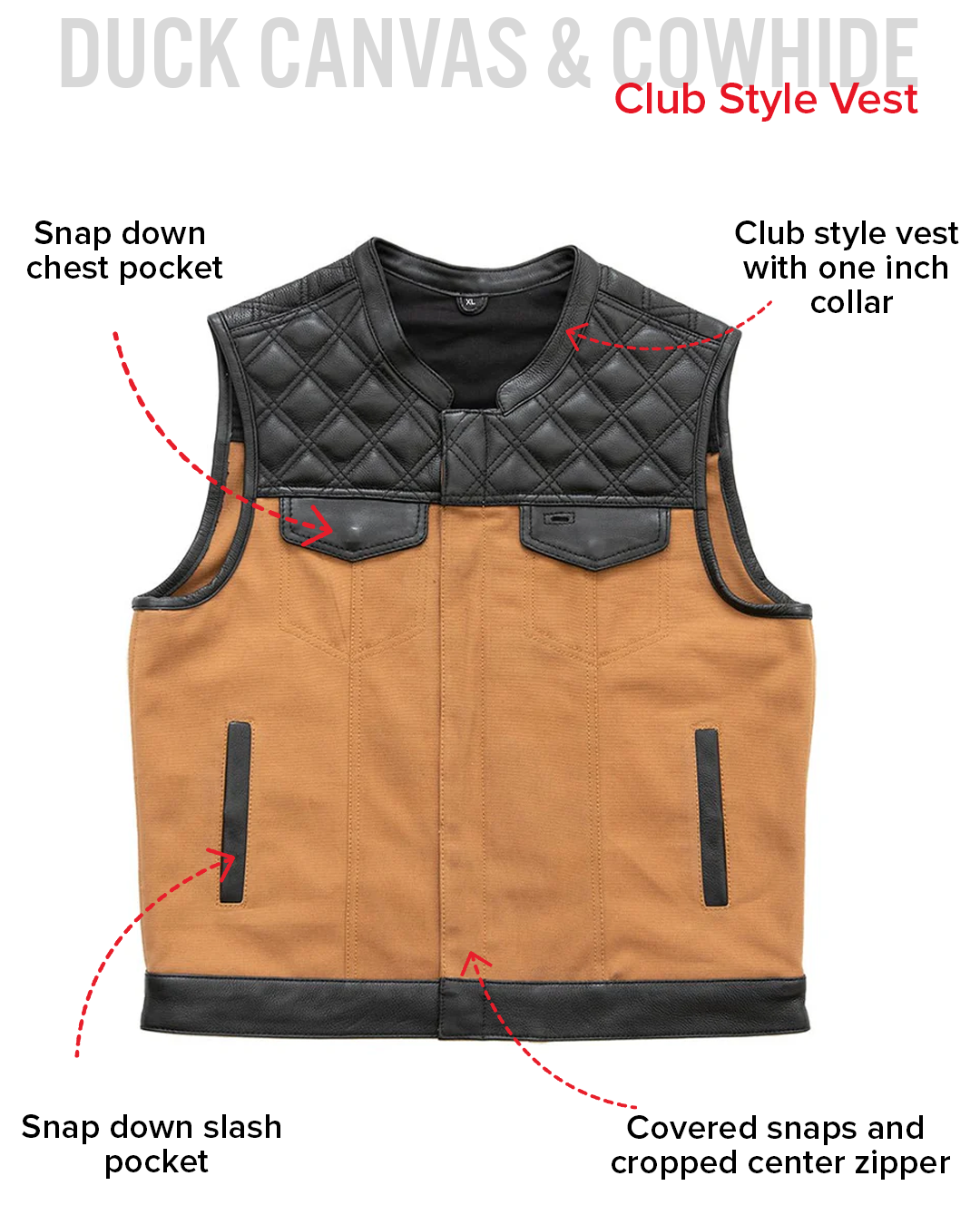 Hunt Club - Black Stitch - Leather/Canvas Motorcycle Vest Factory Customs First Manufacturing Company