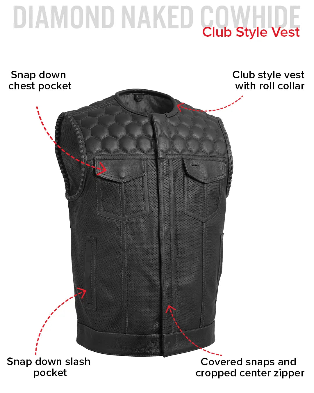Hornet Perforated Men's Club Style Leather Vest Men's Perforated Leather Vest Vests