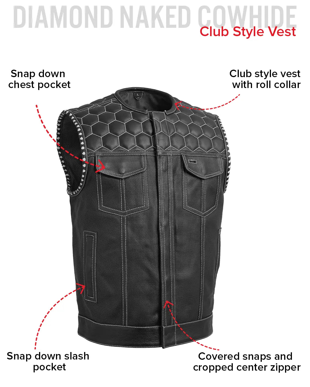 Hornet Perforated Men's Club Style Leather Vest Men's Perforated Leather Vest Vests