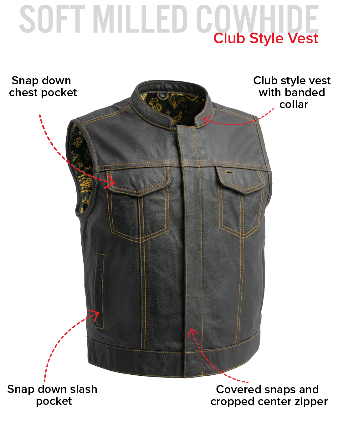 The Club Cut Men's Motorcycle Leather Vest, Multiple Color Options