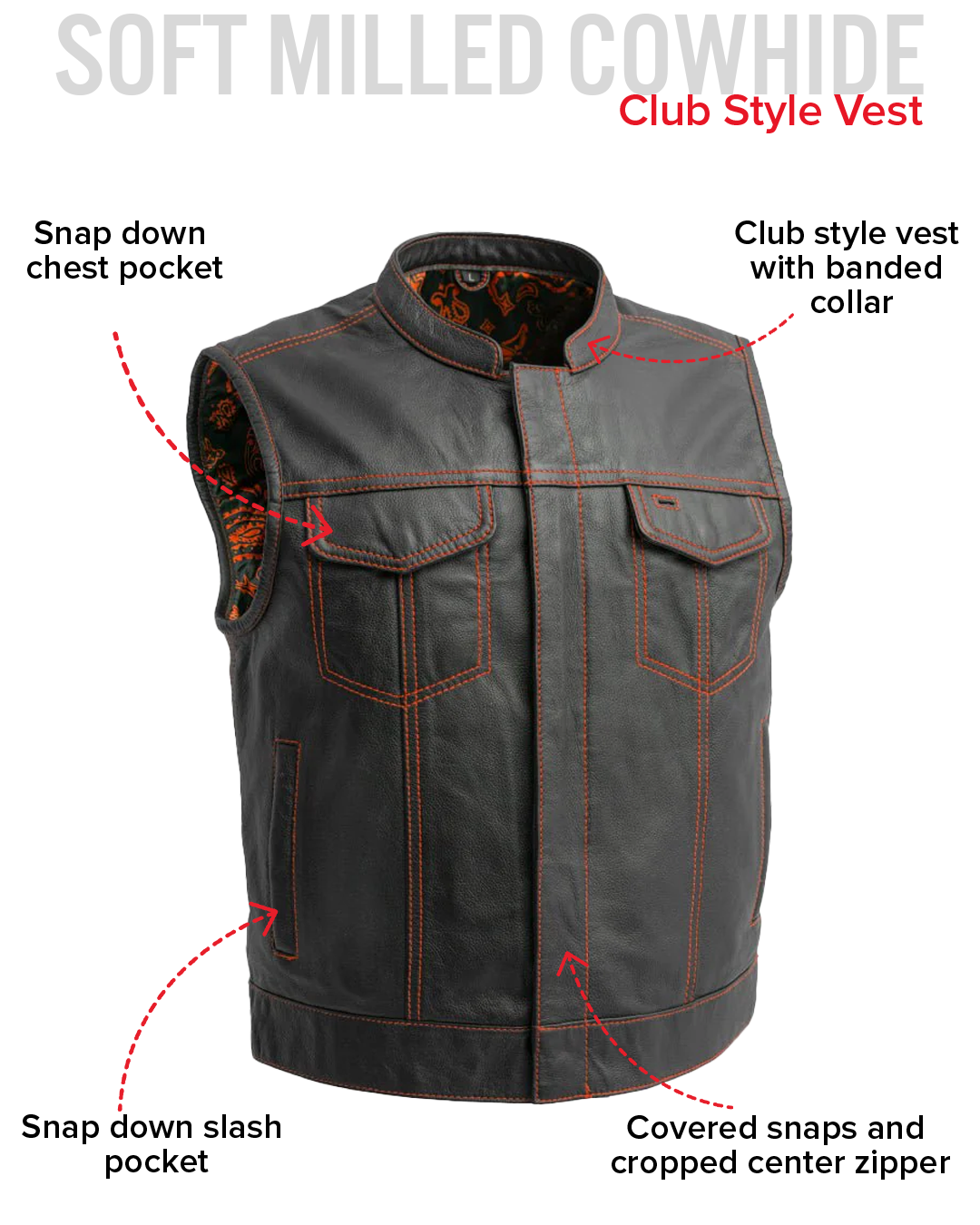 The Club Cut Men's Motorcycle Leather Vest, Multiple Color Options