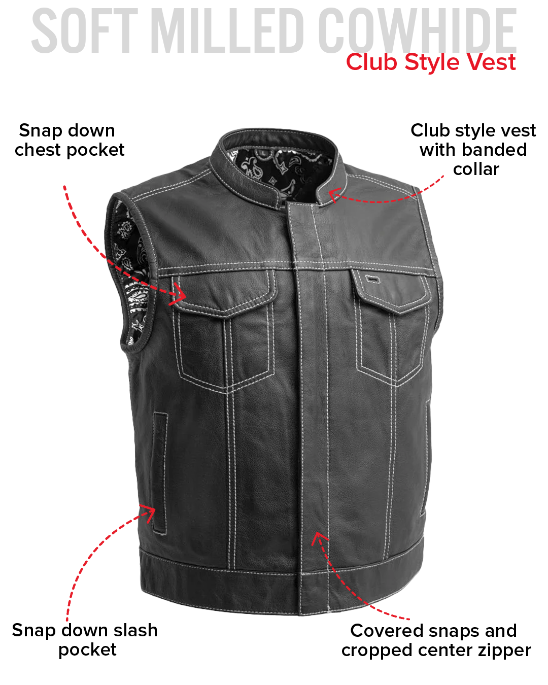 The Club Cut Men's Motorcycle Leather Vest, Multiple Color Options
