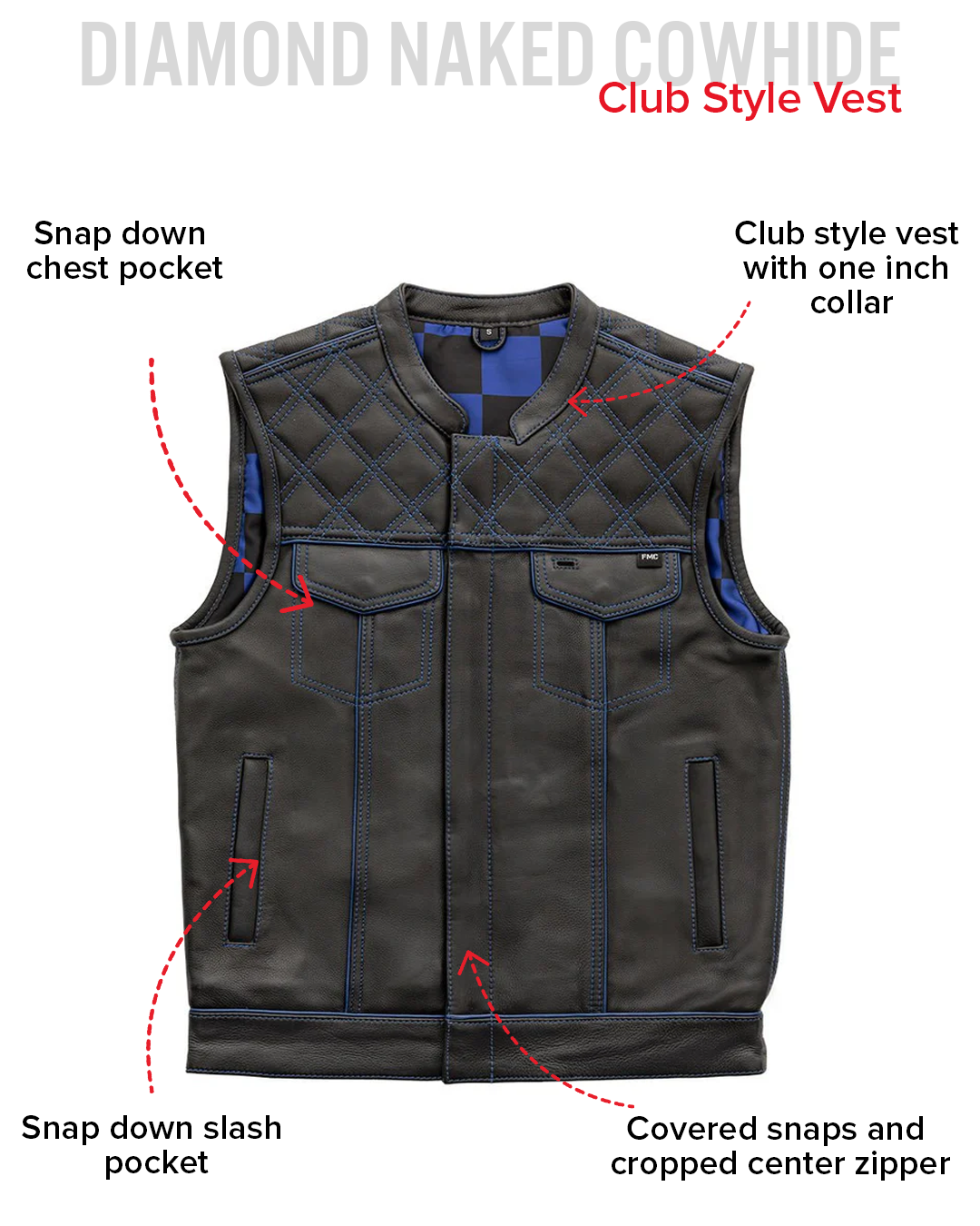Finish Line - Blue Checker - Men's Motorcycle Leather Vest Men's Leather Vest Vests