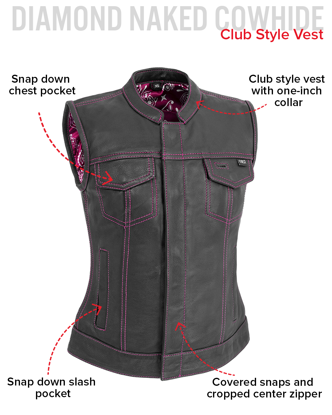Jessica Women's Motorcycle Leather Vest - Pink - Limited Edition Women's Leather Vest Vests