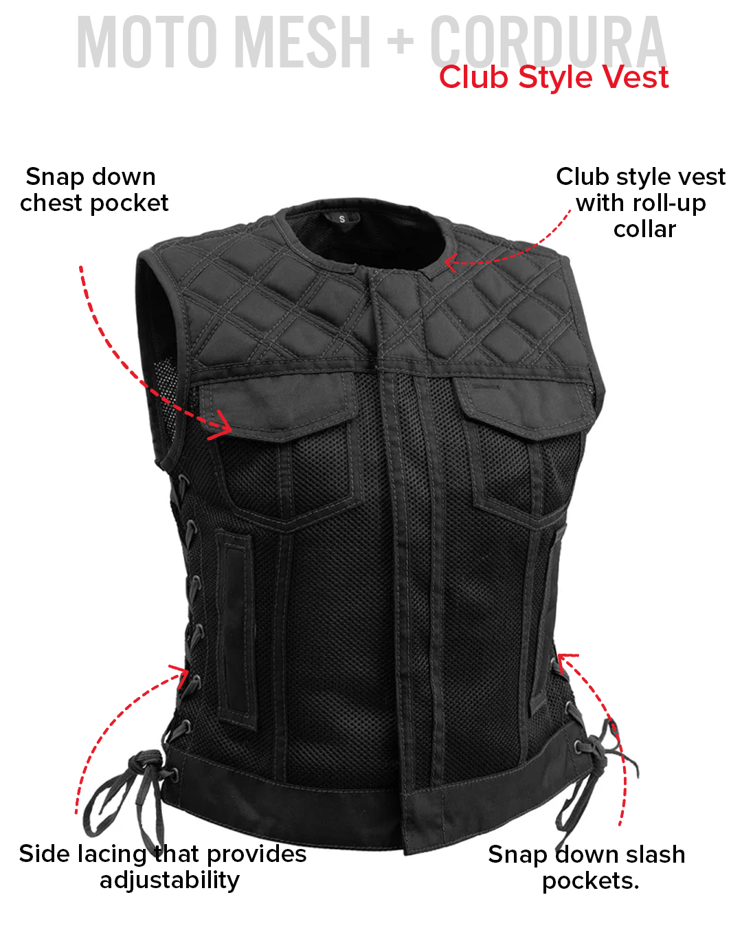 Bonnie Moto Mesh Women's Motorcycle Vest - Diamond Quilt Women's Moto Mesh Vest Vests