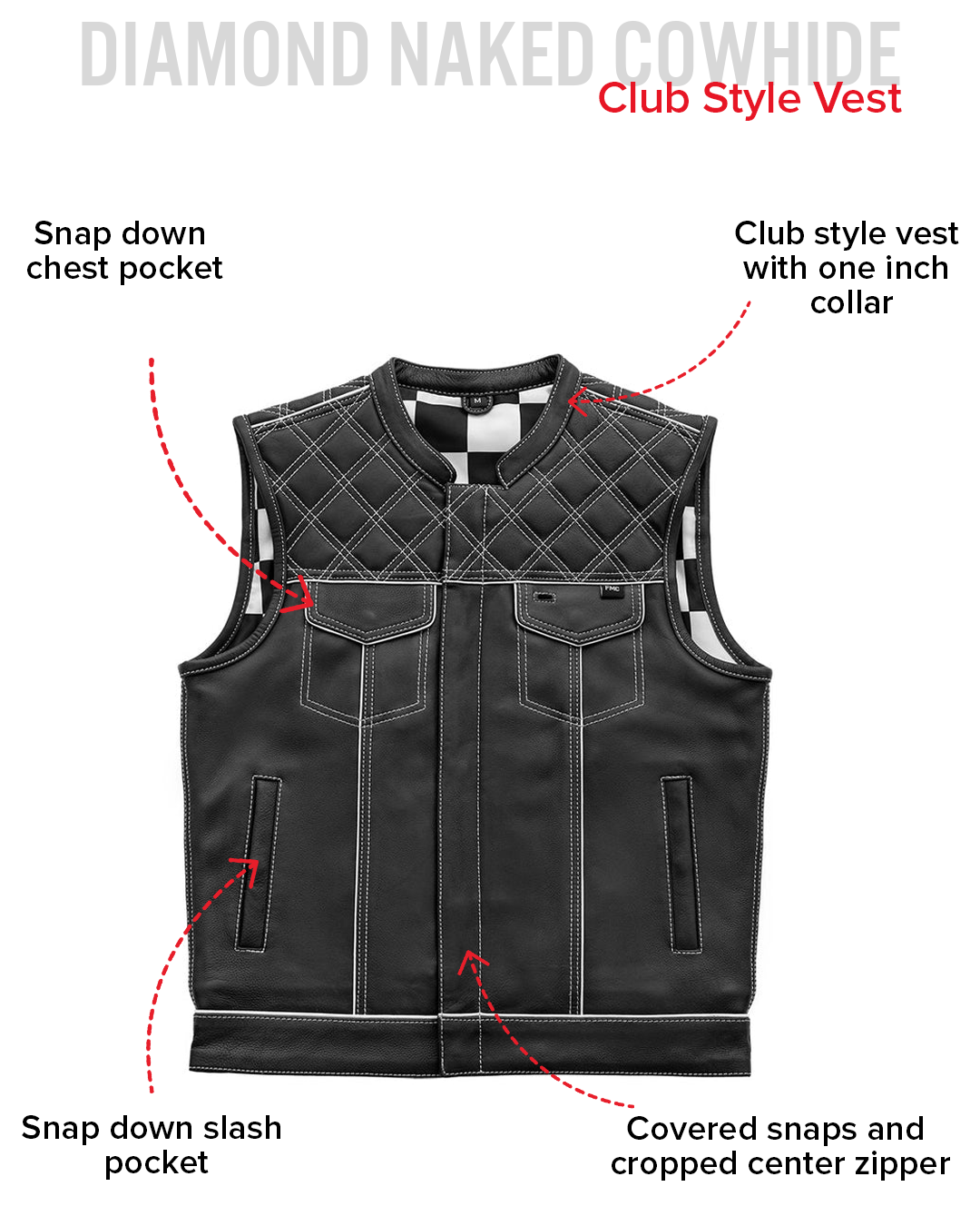 Finish Line - White Checker - Men's Motorcycle Leather Vest Men's Leather Vest Vests
