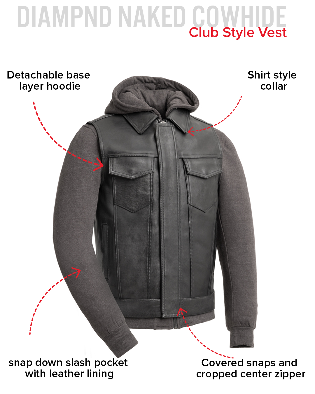 Kent Men's Motorcycle Leather Vest and Hoodie Men's Hoodie First Manufacturing Company
