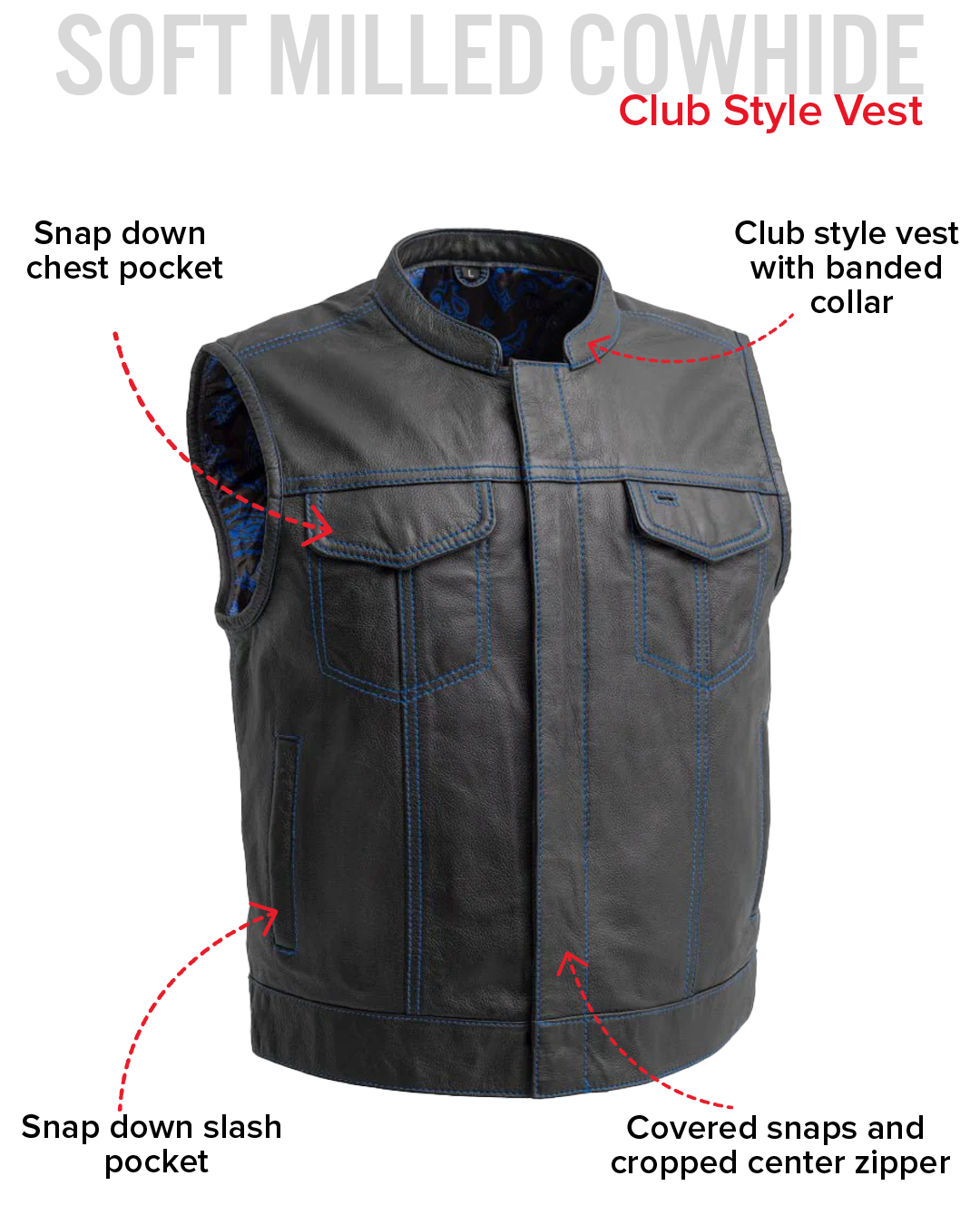 The Club Cut Men's Motorcycle Leather Vest, Multiple Color Options