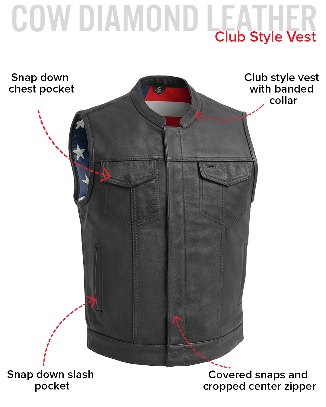 Born Free Men's Motorcycle Leather Vest - Black Stitch Men's Leather Vest Vests