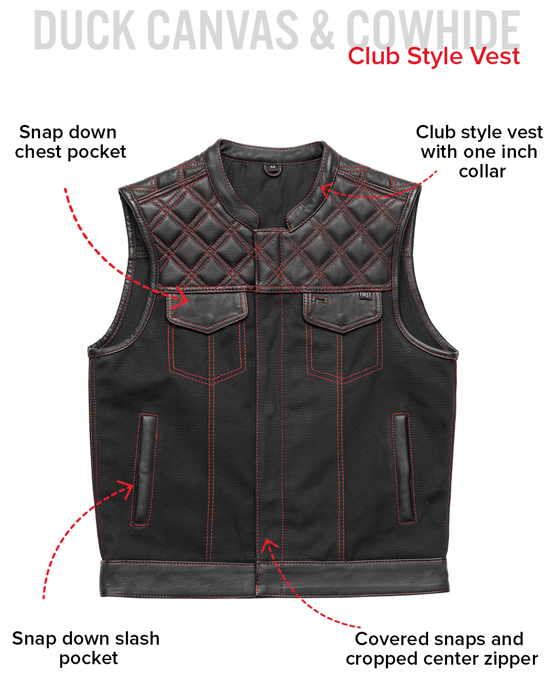 Hunt Club Motorcycle Leather Canvas Vest Black/Red Men's Canvas Vests Vests