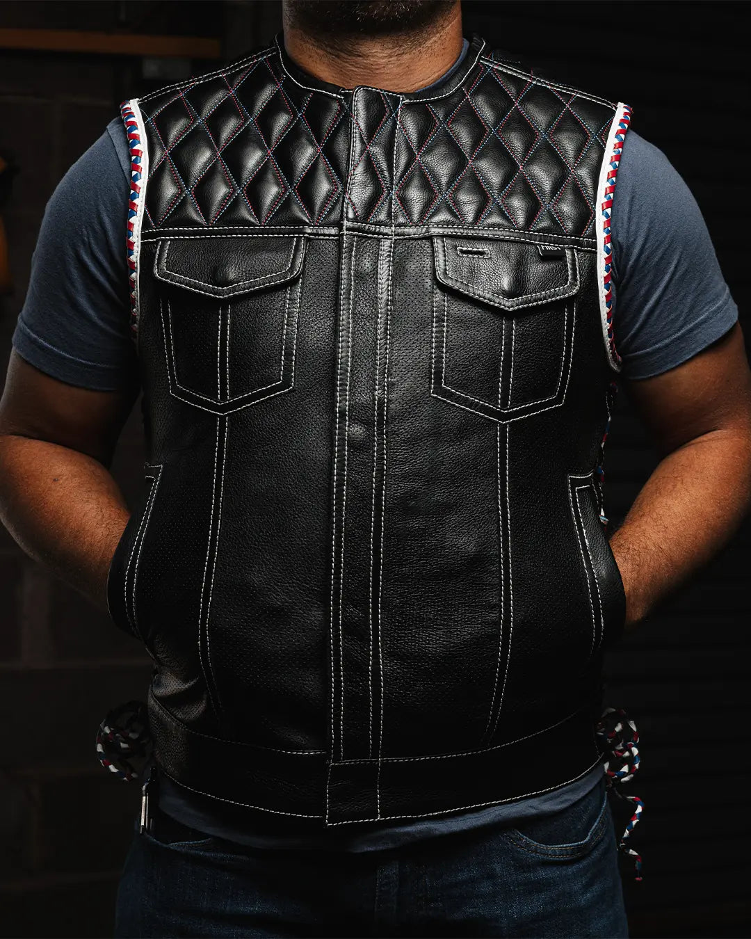 Captain Perforated Men's Motorcycle Leather Vest Men's Perforated Leather Vest Vests