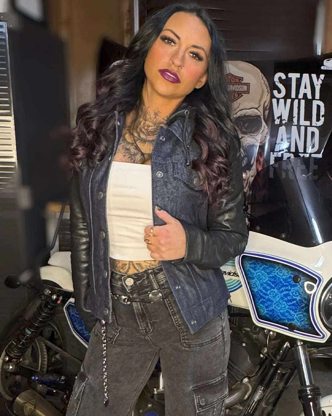 Holli - Motorcycle Denim/Leather Jacket Women's Leather Jacket Jackets