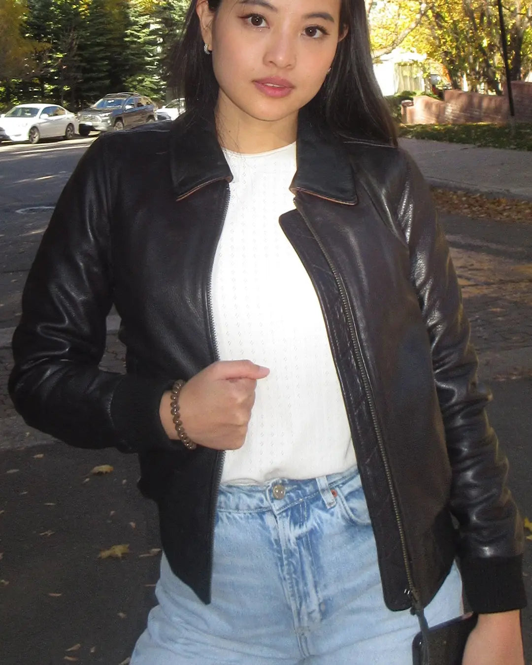 Nancy - Women's Moto Bomber Leather Jacket Women's Bomber Jacket First Manufacturing Company