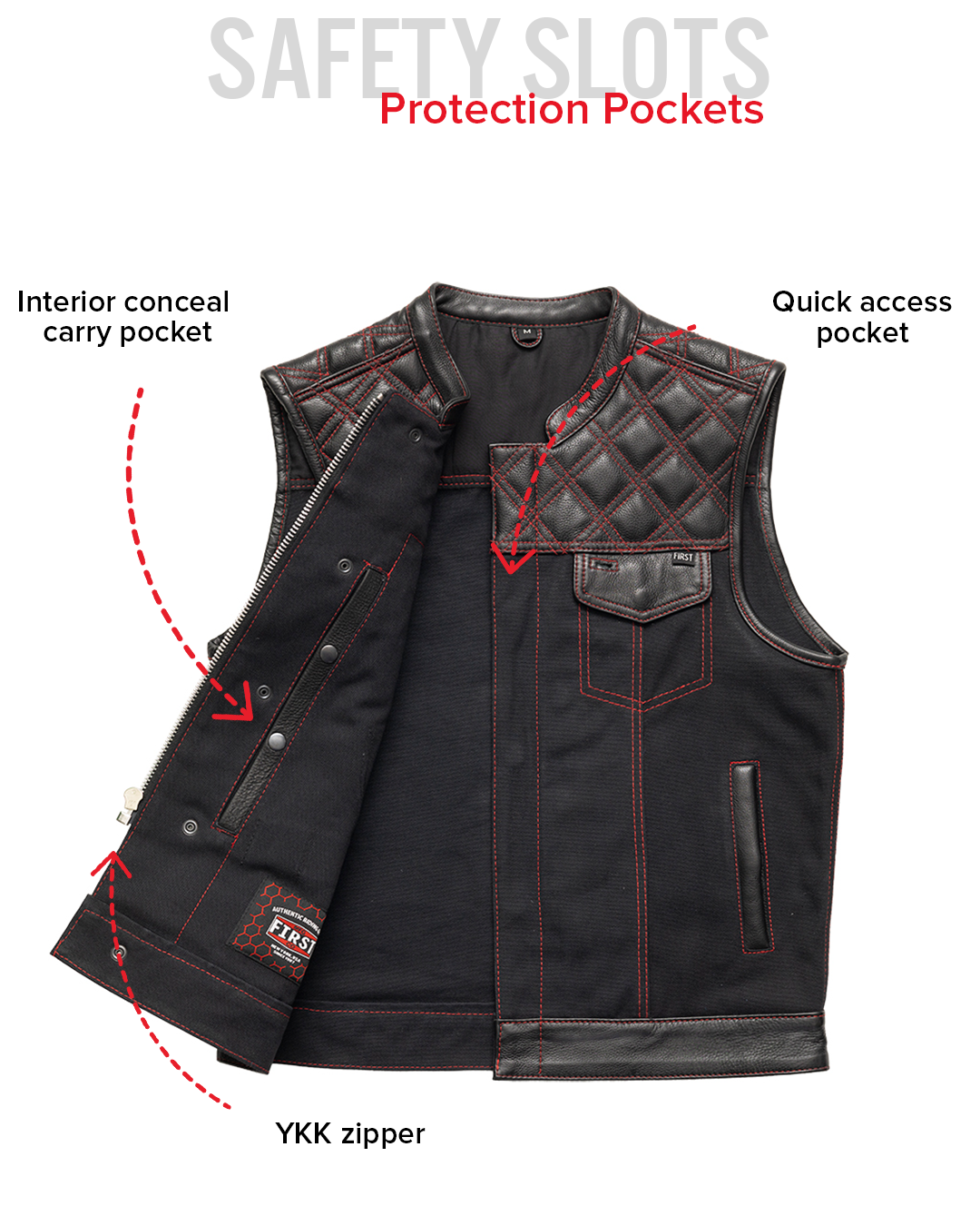 Hunt Club Motorcycle Leather Canvas Vest Black/Red Men's Canvas Vests Vests