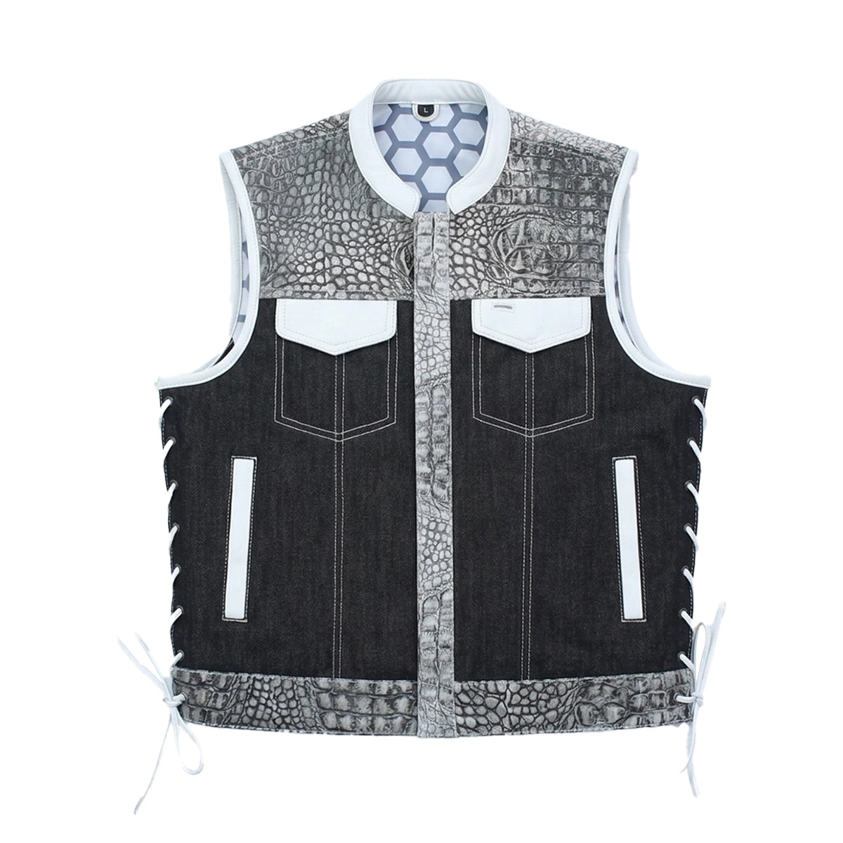 Road Cartel - Men’s Croc Texture Leather/Denim Motorcycle Vest Men's Leather Vest Vests