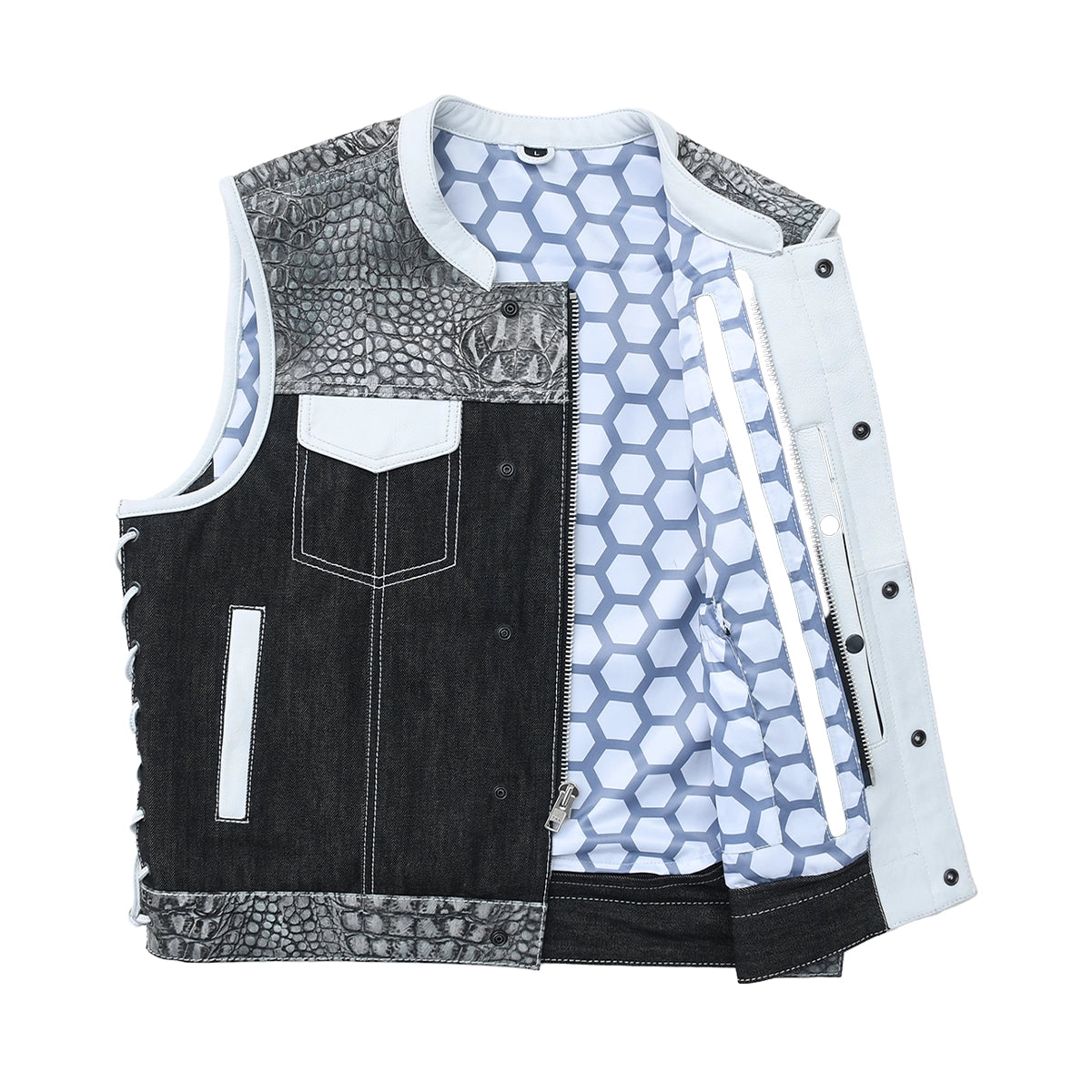 Road Cartel - Men’s Croc Texture Leather/Denim Motorcycle Vest Men's Leather Vest Vests