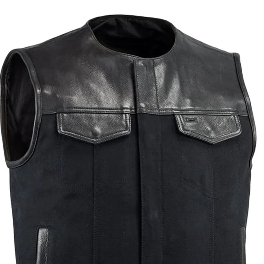 49/51 - No Collar Men's Leather/Canvas Motorcycle Vest Men's Canvas Vests Vests