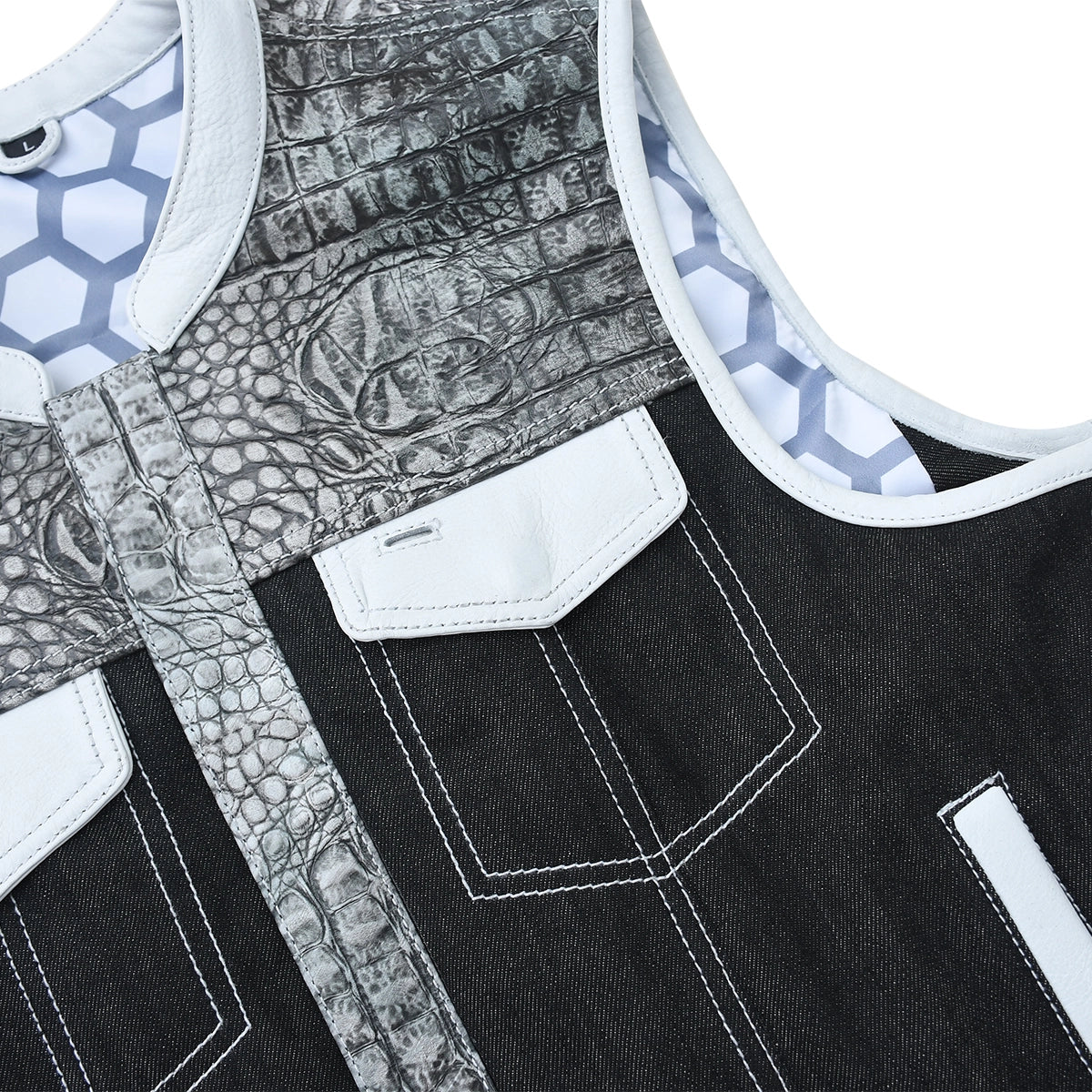 Road Cartel - Men’s Croc Texture Leather/Denim Motorcycle Vest Men's Leather Vest Vests