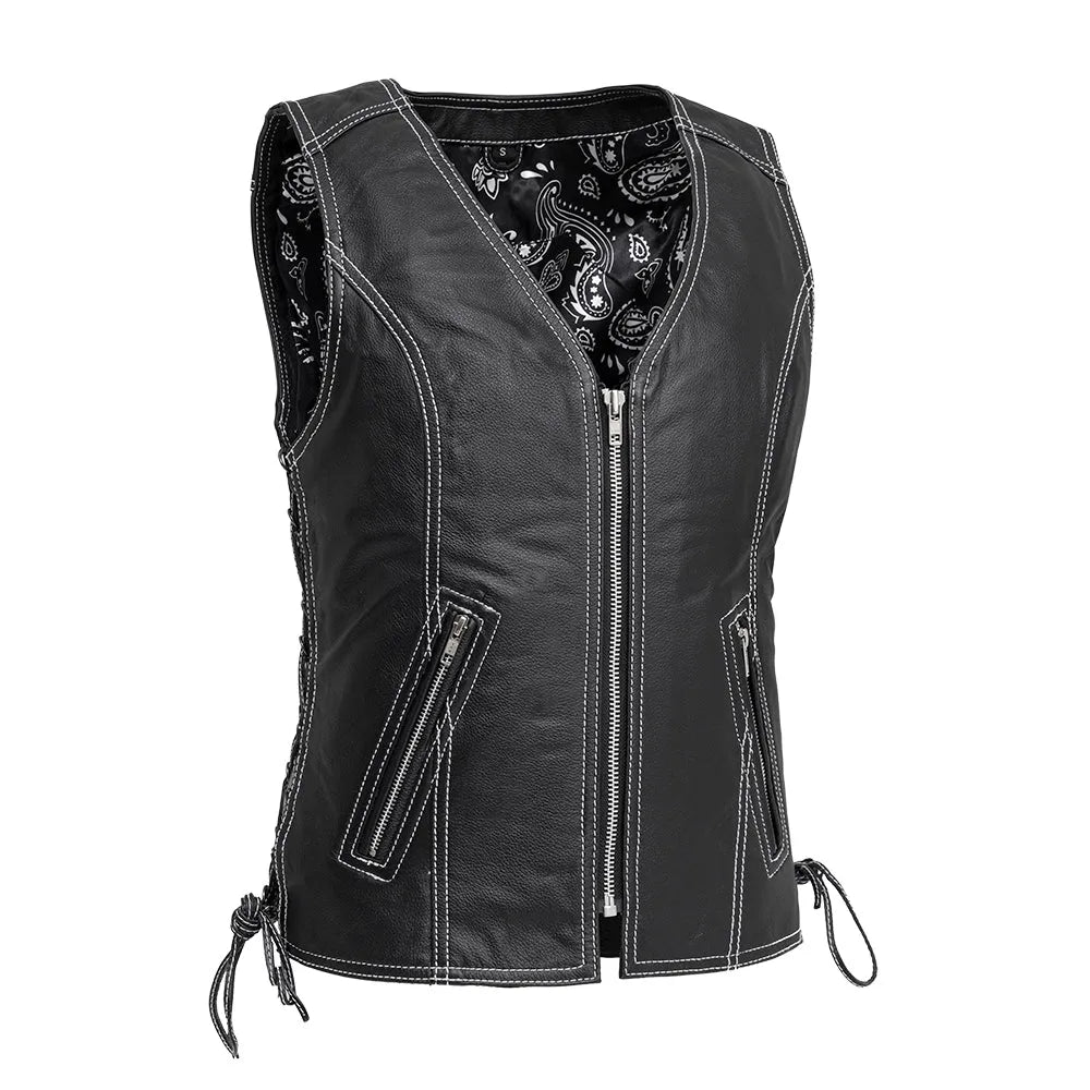 Cindy -  Women's Motorcycle Leather Vest Women's Leather Vest First Manufacturing Company Black/White XS 