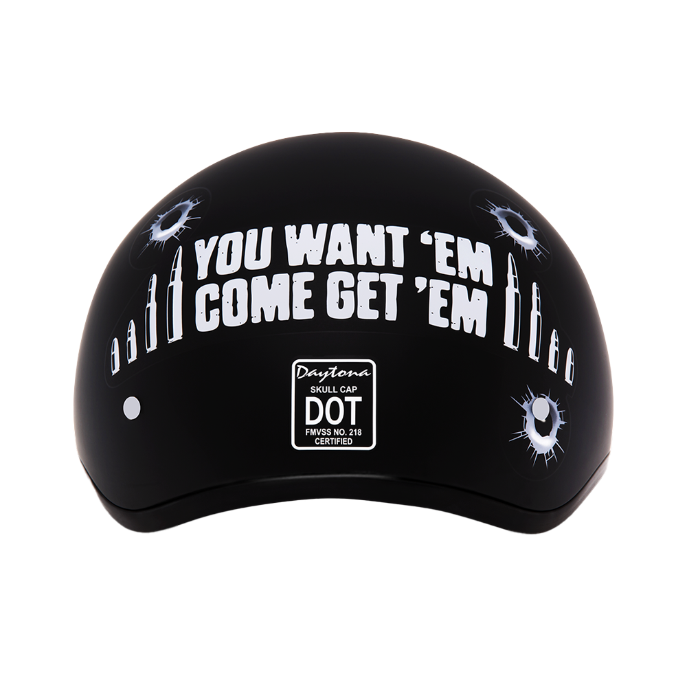 DOT Approved Daytona Motorcycle Half Face Helmet - Skull Cap Graphics for Men & Women, Scooters, ATVs, UTVs & Choppers - W/ Come Get 'Em DAYTONA SKULL CAP - GRAPHICS Daytona Helmets