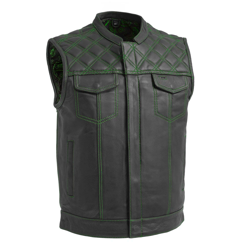 Downside Men's Motorcycle Leather Vest Orange and Green Men's Leather Vest Vests Green S