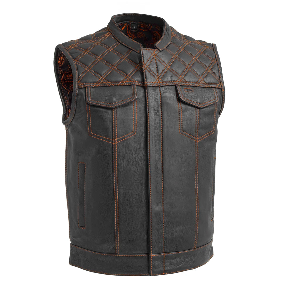 Downside Men's Motorcycle Leather Vest Orange and Green Men's Leather Vest Vests Orange S