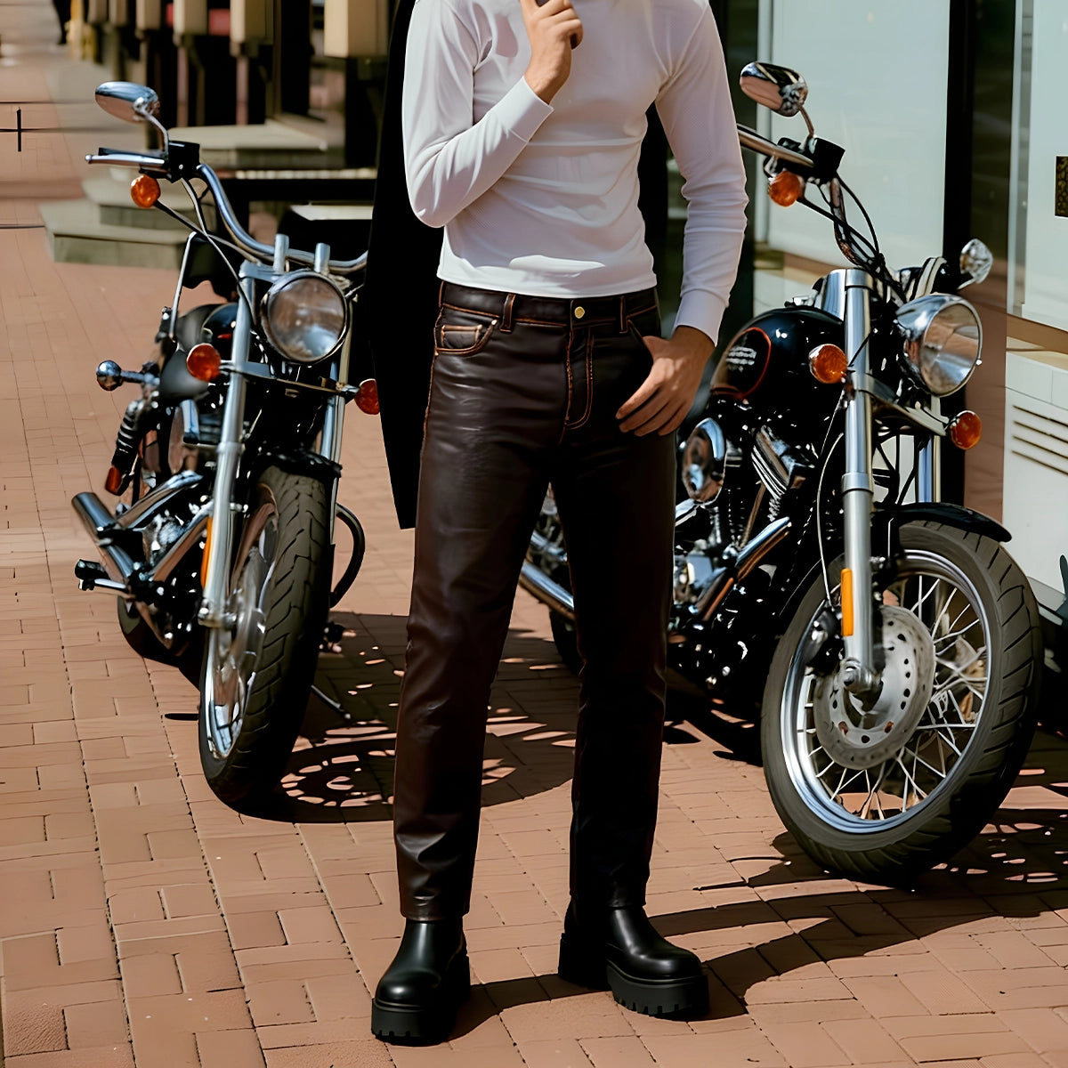 Commander Men's Leather Motorcycle Pants Brown Beige Men's Leather Pants First Manufacturing Company