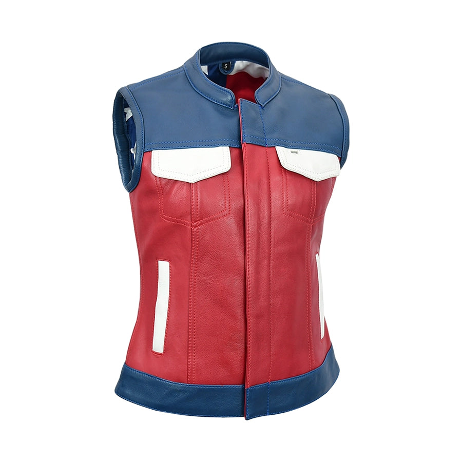 Freedom Belle Women's Motorcycle Leather Vest Women's Leather Vest Vests Red Blue XS