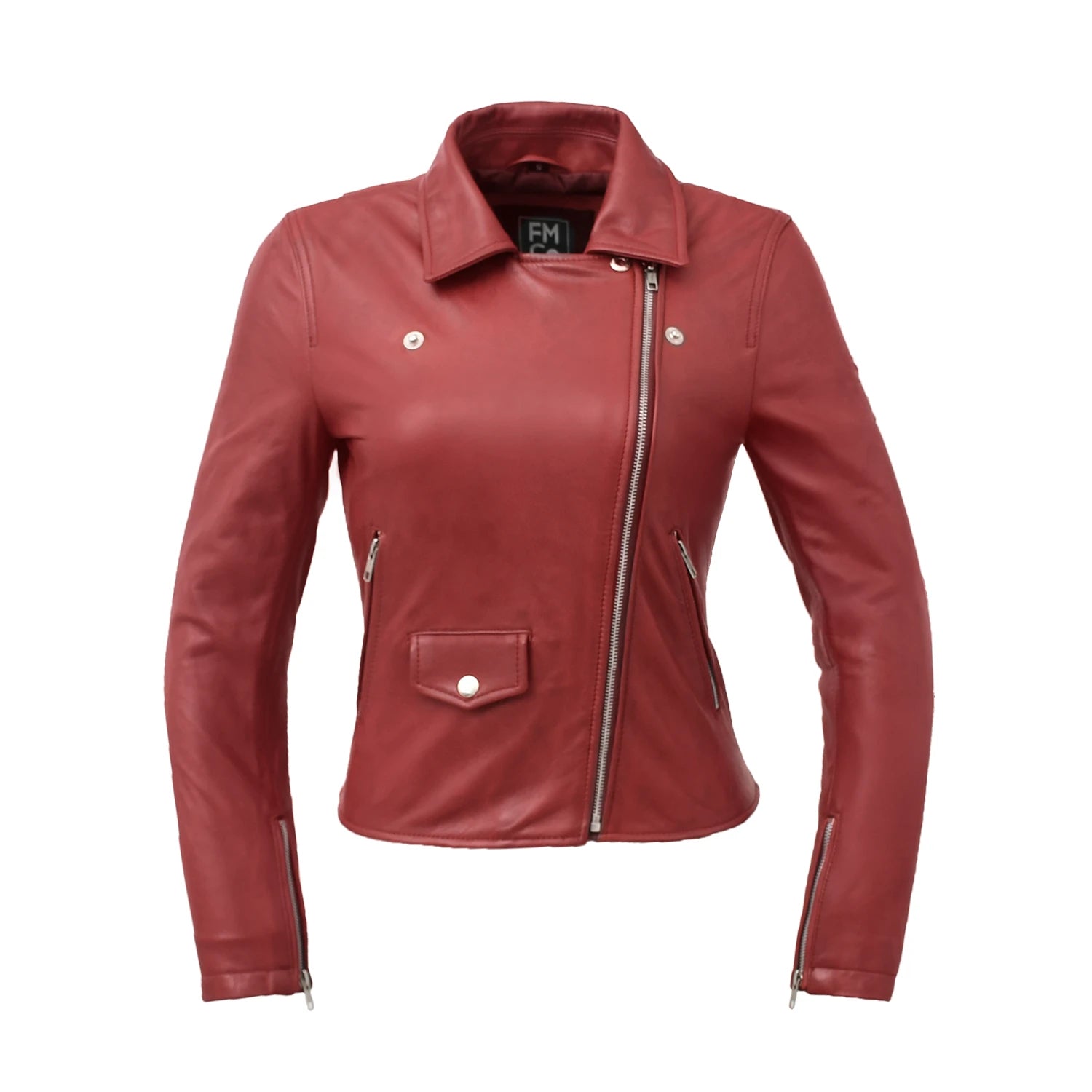 Lennox Moto Style Leather Jacket Women's Fashion Leather Jacket FMCo Fire Red XS