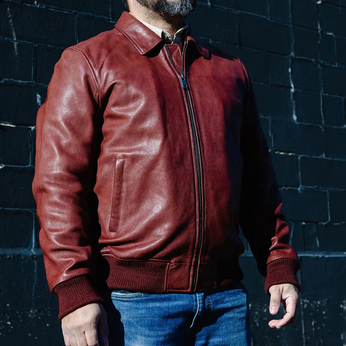 Moto Bomber - Men's Leather Jacket Cognac and Oxblood Men's Leather Jacket Jackets