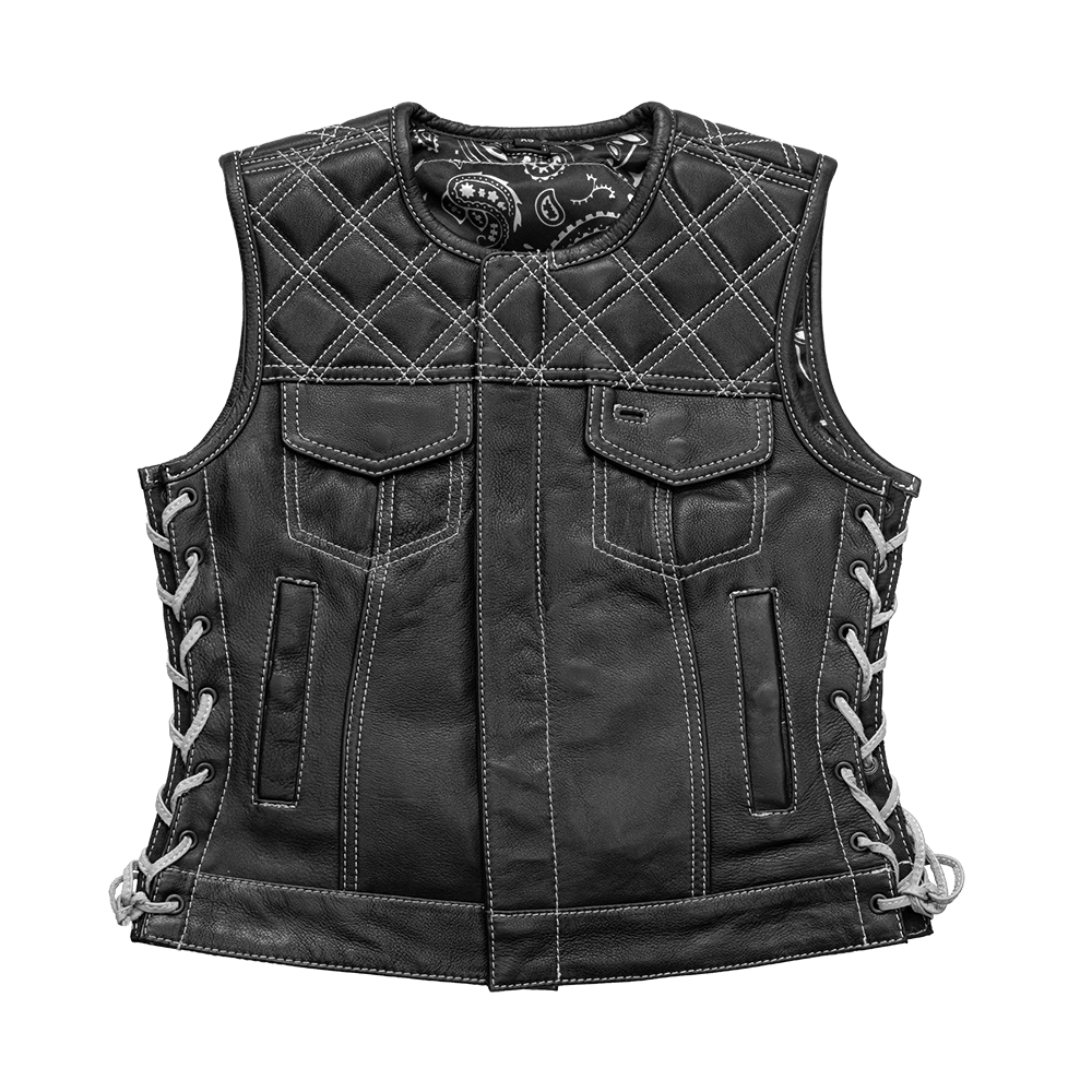 Bonnie - Women's Motorcycle Leather Vest - Diamond Quilt Women's Leather Vest Vests Black White XS