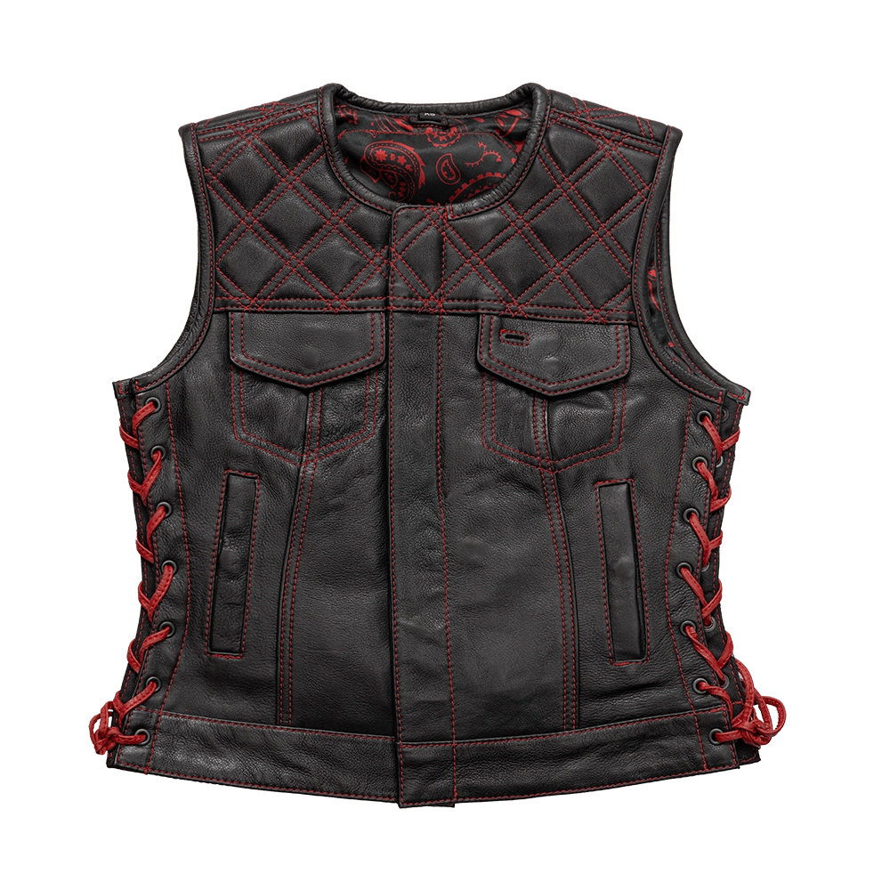 Bonnie - Women's Motorcycle Leather Vest - Diamond Quilt Women's Leather Vest Vests Black Red XS