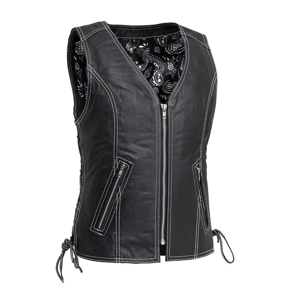 Cindy - Women's Motorcycle Leather Vest Black Women's Leather Vest Vests Black White XS