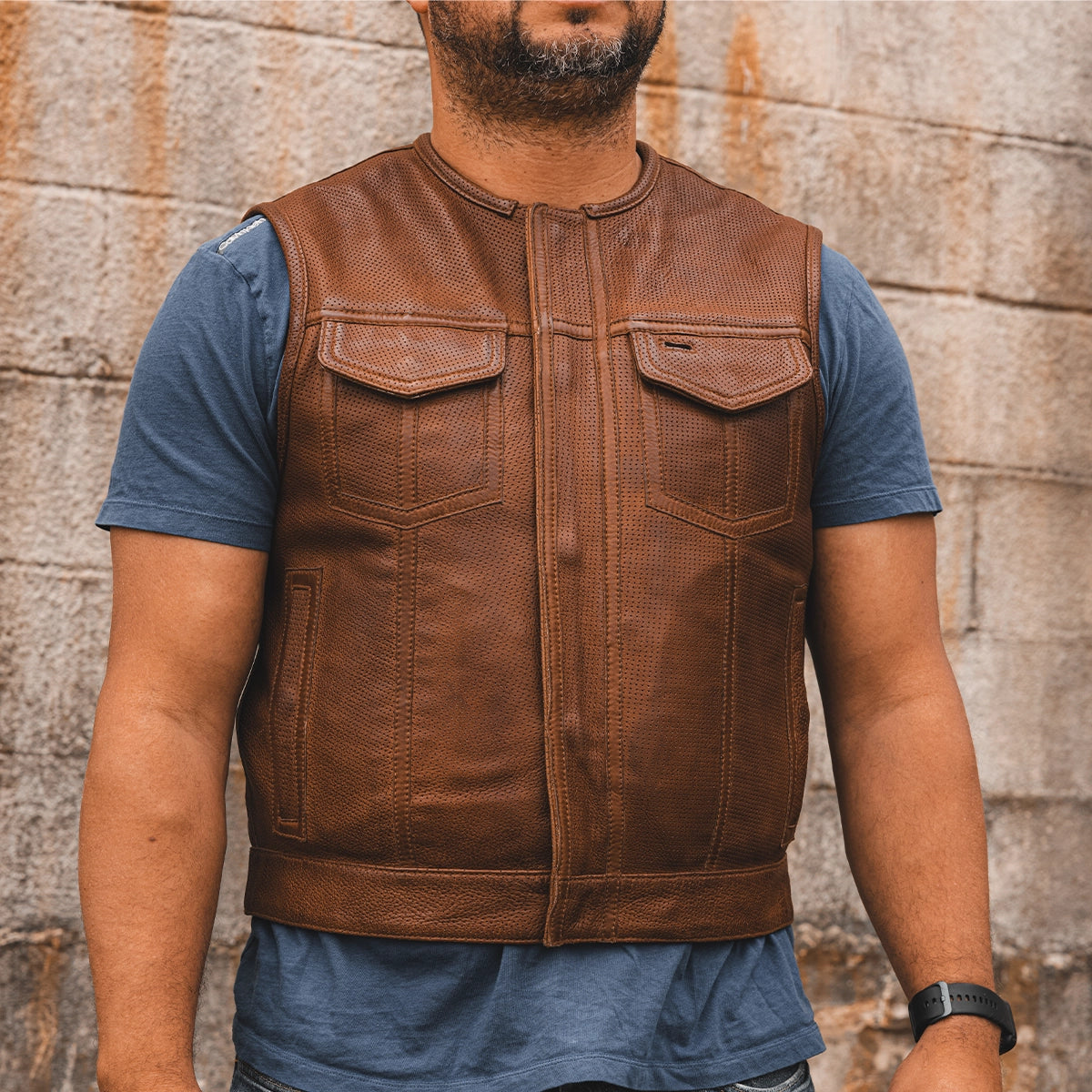 Lowside Men's Perforated Motorcycle Leather Vest Cognac Men's Perforated Leather Vest Vests