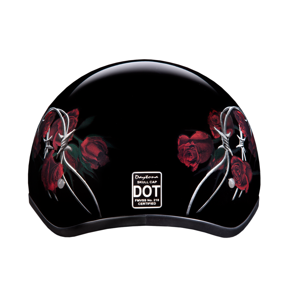 DOT Approved Daytona Motorcycle Half Face Helmet - Skull Cap Graphics for Men & Women, Scooters, ATVs, UTVs & Choppers - W/ Barbed Roses DAYTONA SKULL CAP - GRAPHICS Daytona Helmets