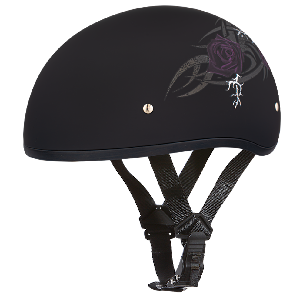 DOT Approved Daytona Motorcycle Half Face Helmet - Skull Cap Graphics for Men & Women, Scooters, ATVs, UTVs & Choppers - W/ Purple Rose DAYTONA SKULL CAP - GRAPHICS Daytona Helmets