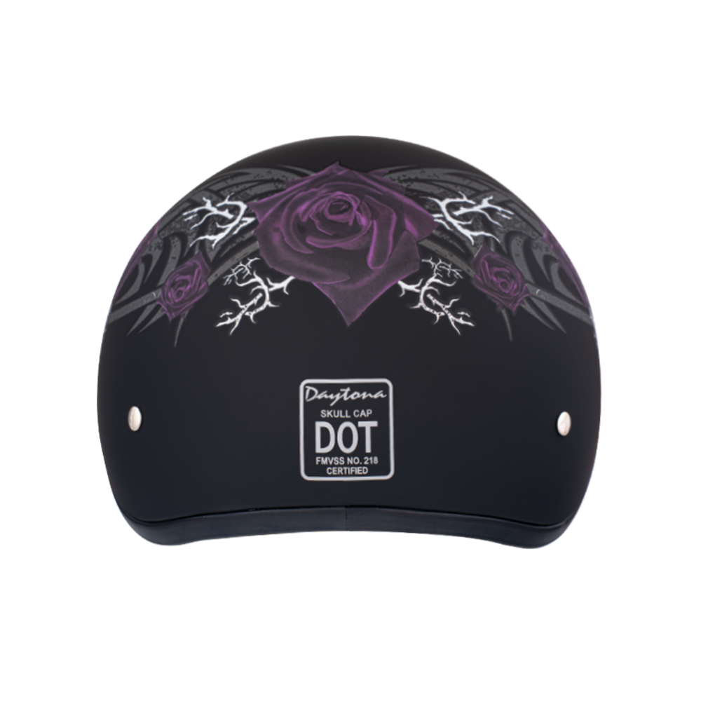 DOT Approved Daytona Motorcycle Half Face Helmet - Skull Cap Graphics for Men & Women, Scooters, ATVs, UTVs & Choppers - W/ Purple Rose DAYTONA SKULL CAP - GRAPHICS Daytona Helmets