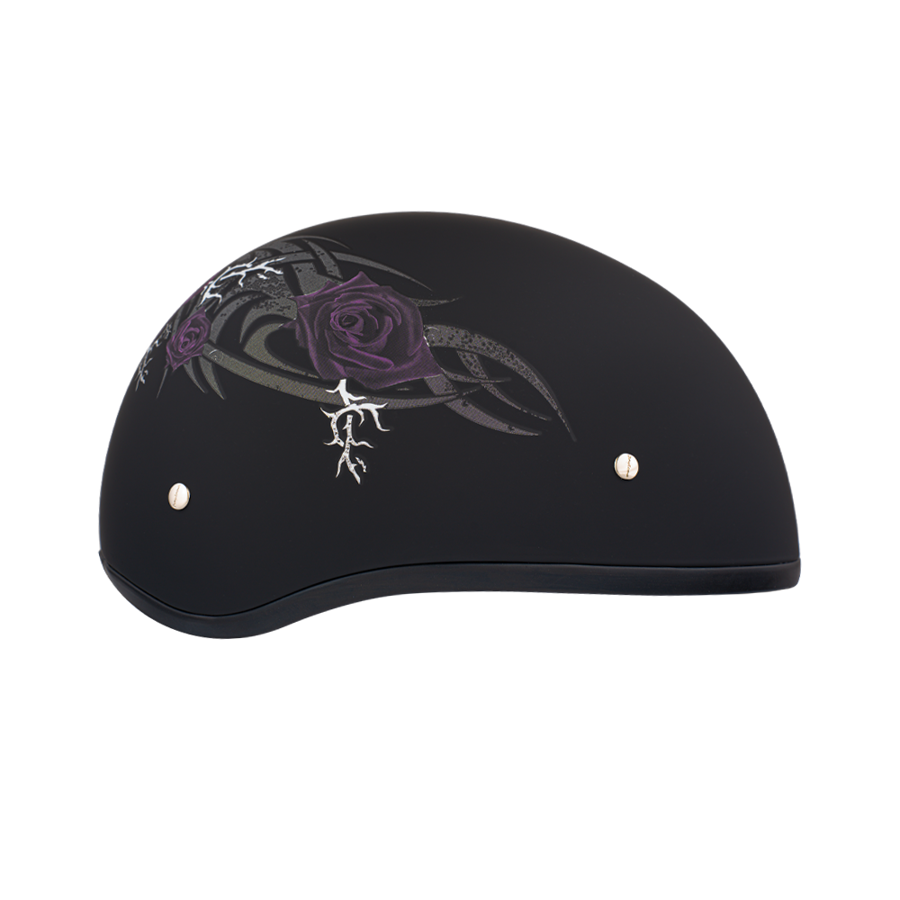 DOT Approved Daytona Motorcycle Half Face Helmet - Skull Cap Graphics for Men & Women, Scooters, ATVs, UTVs & Choppers - W/ Purple Rose DAYTONA SKULL CAP - GRAPHICS Daytona Helmets