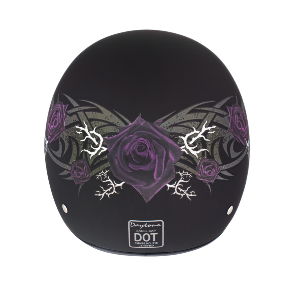 DOT Approved Daytona Motorcycle Half Face Helmet - Skull Cap Graphics for Men & Women, Scooters, ATVs, UTVs & Choppers - W/ Purple Rose DAYTONA SKULL CAP - GRAPHICS Daytona Helmets
