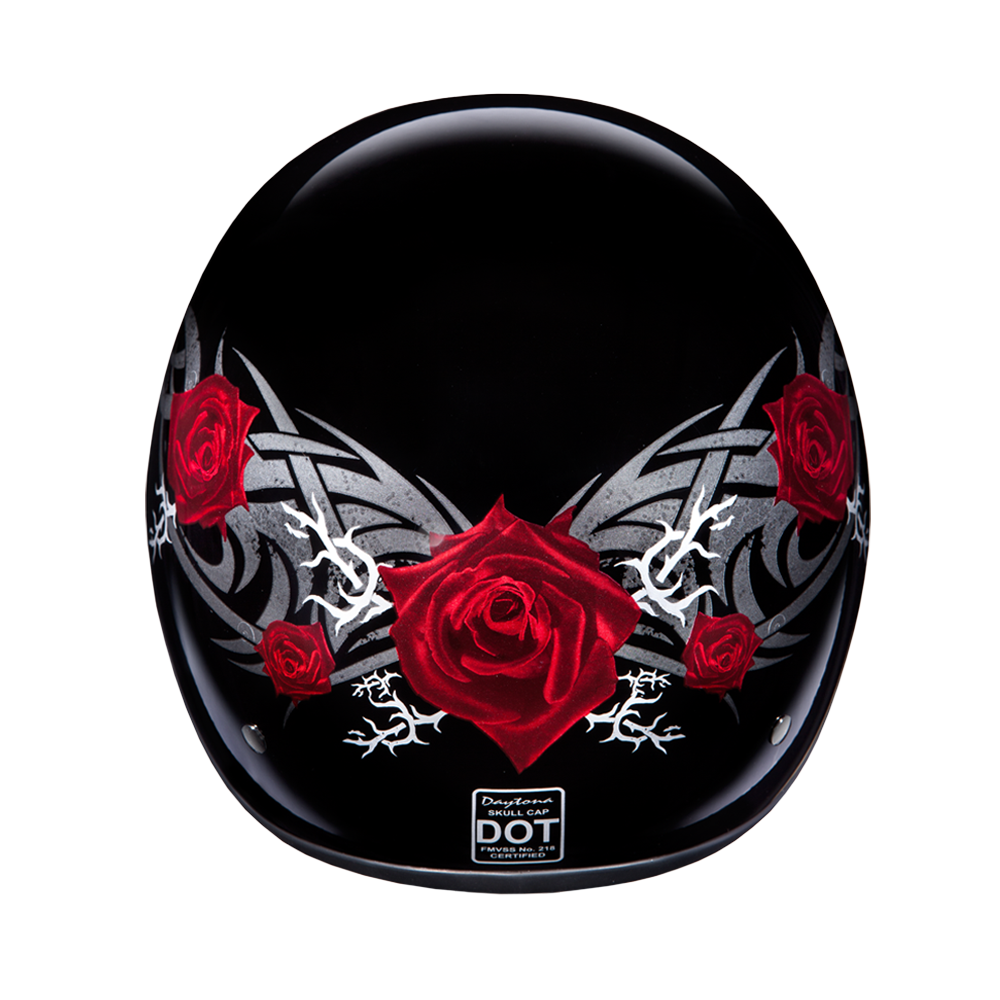 DOT Approved Daytona Motorcycle Half Face Helmet - Skull Cap Graphics for Men & Women, Scooters, ATVs, UTVs & Choppers - W/ Rose DAYTONA SKULL CAP - GRAPHICS Daytona Helmets