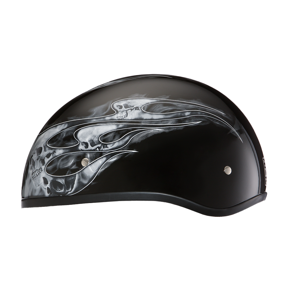 DOT Approved Daytona Motorcycle Half Face Helmet - Skull Cap Graphics for Men & Women, Scooters, ATVs, UTVs & Choppers - W/ Skull Flames Silver DAYTONA SKULL CAP - GRAPHICS Daytona Helmets
