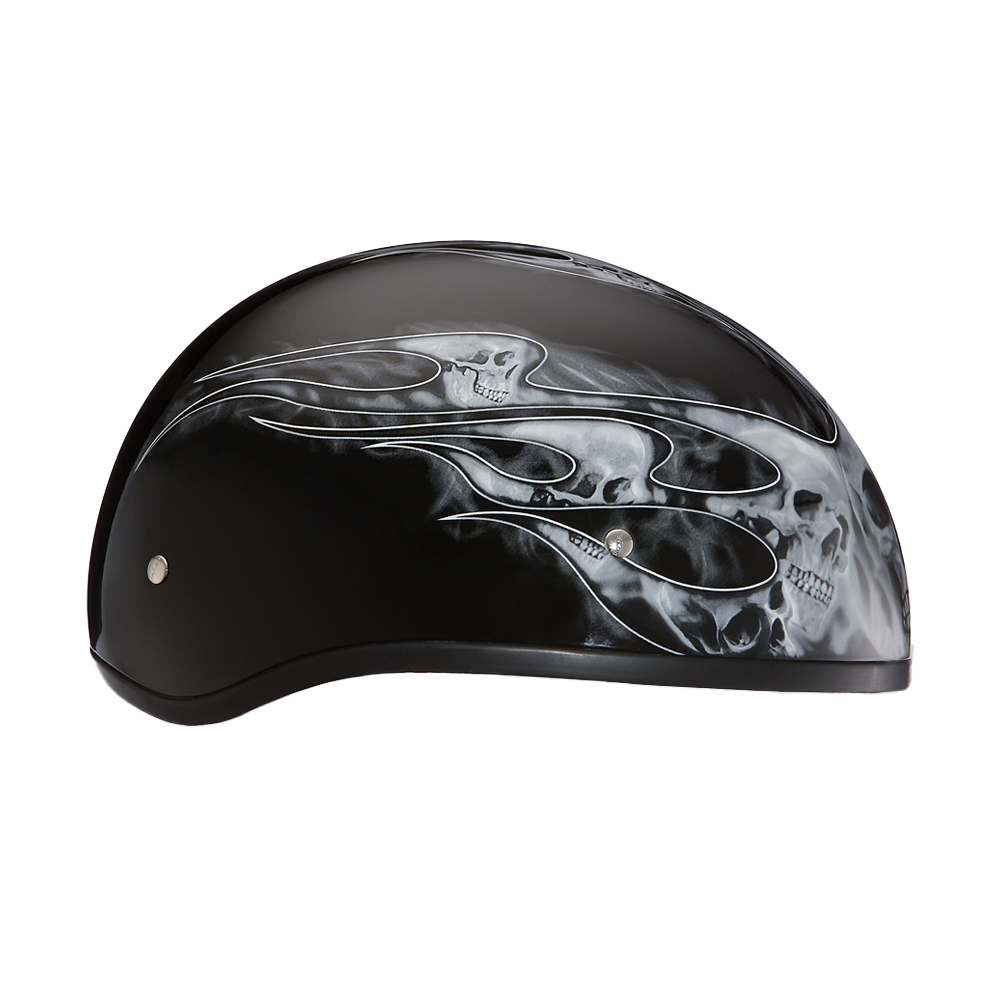 DOT Approved Daytona Motorcycle Half Face Helmet - Skull Cap Graphics for Men & Women, Scooters, ATVs, UTVs & Choppers - W/ Skull Flames Silver DAYTONA SKULL CAP - GRAPHICS Daytona Helmets
