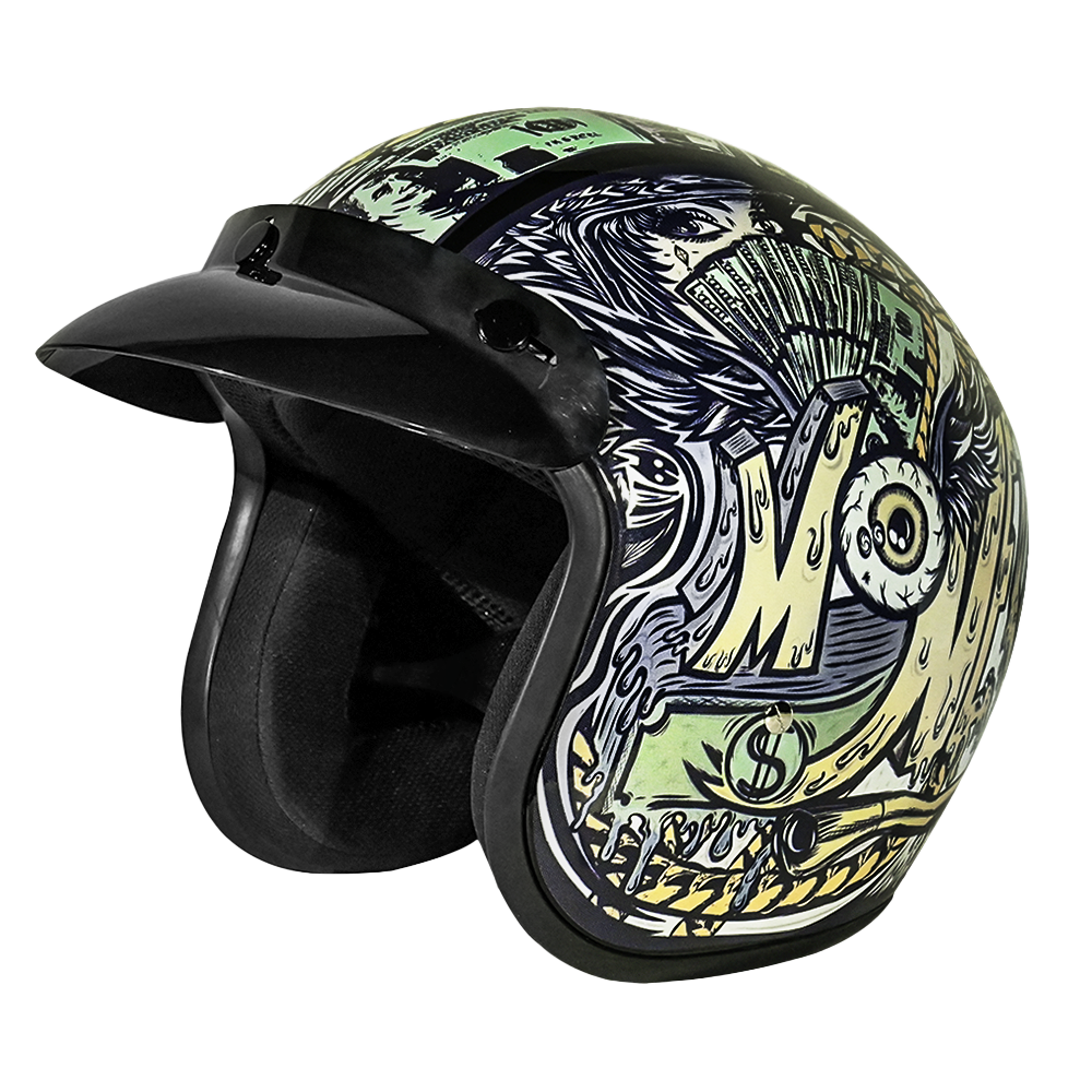 DOT Approved Daytona Cruiser Open Face Motorcycle Helmet - Men, Women & Youth - With Visor & Graphics - W/ Money CRUISER - GRAPHICS Daytona Helmets