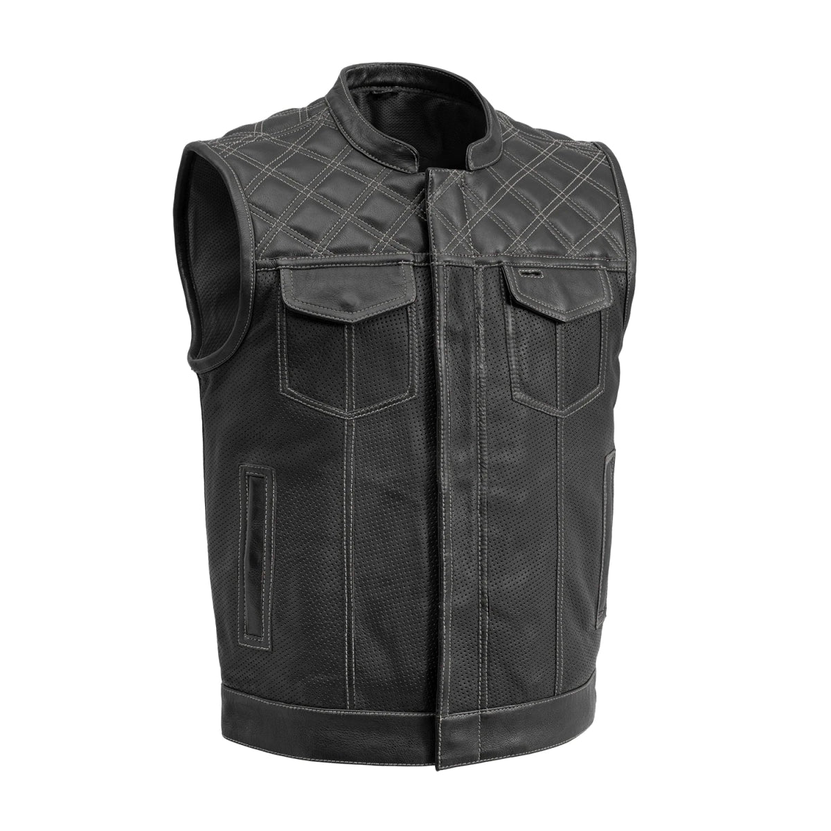 Downside Perforated Men's Motorcycle Leather Vest Men's Perforated Leather Vest Vests Black Grey S