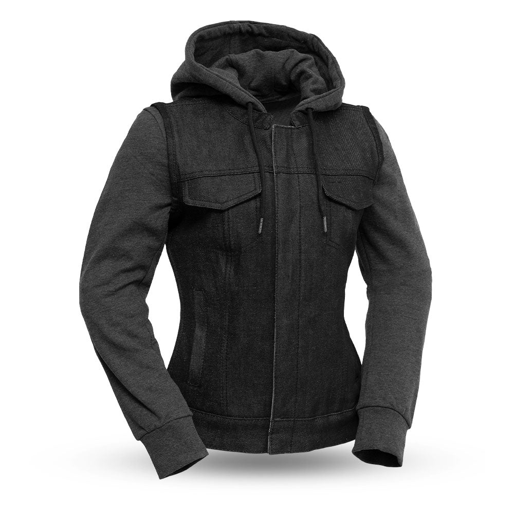 Essex Women's Motorcycle Denim Vest with Removable Sweatshirt Women's Denim Vest Vests Black XS
