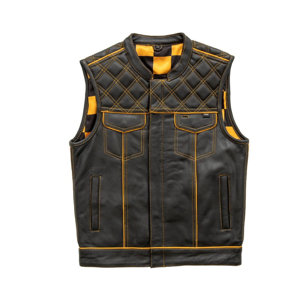 Finish Line - Gold Checker - Men's Motorcycle Leather Vest Men's Leather Vest Vests Black Gold S